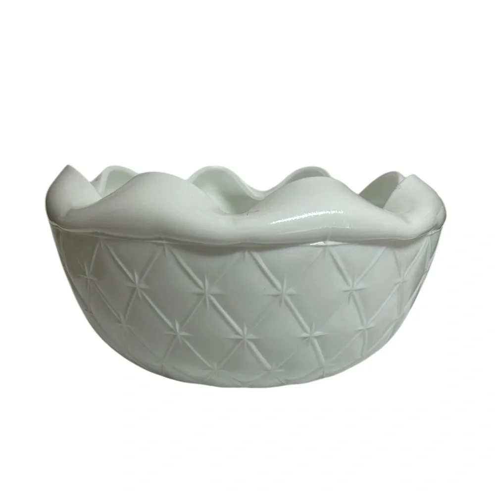 Vintage Indiana Milk Glass Duette Rose Bowl Diamond Quilt Crimped Ruffle Edge